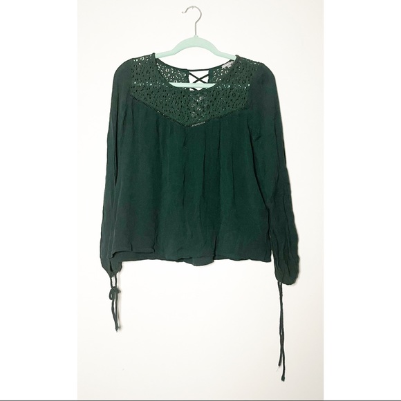 3/$30 Dark Green Crochet Yoke Lattice-Trim Blouse - Picture 1 of 4